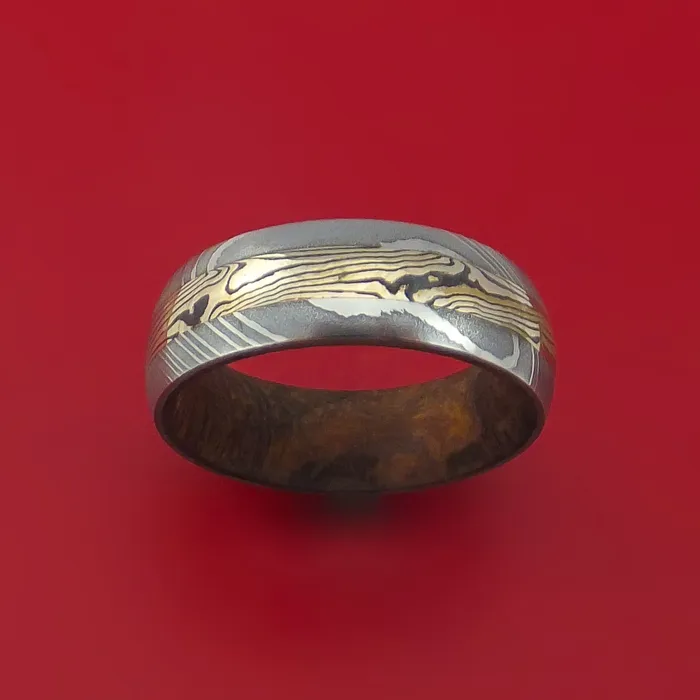 Lashbrook Rings Damascus Steel Ring with 14k Yellow Gold Mokume Shakudo Inlay and Interior Hardwood Sleeve Custom Made Band Lashbrook Rings Damascus Steel Ring with 14k Yellow Gold Mokume Shakudo Inlay and Interior Hardwood Sleeve Custom Made Band