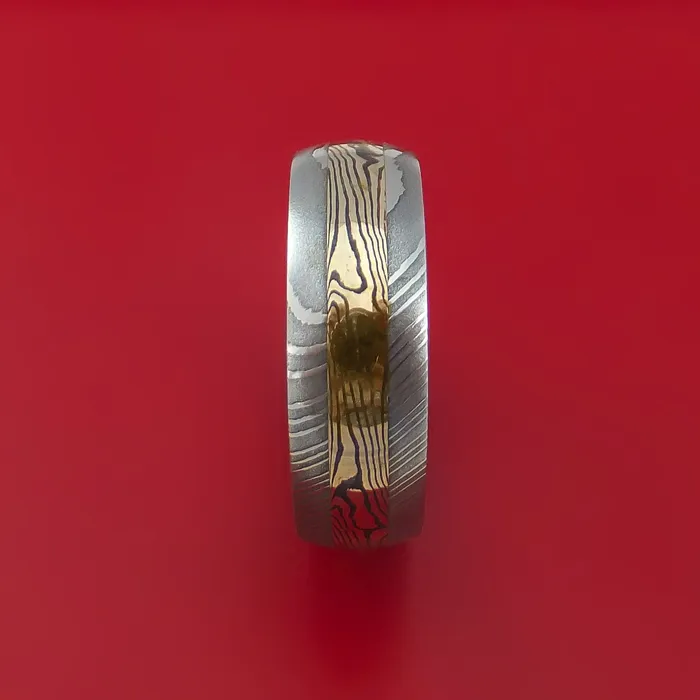 Lashbrook Rings Damascus Steel Ring with 14k Yellow Gold Mokume Shakudo Inlay and Interior Hardwood Sleeve Custom Made Band Lashbrook Rings Damascus Steel Ring with 14k Yellow Gold Mokume Shakudo Inlay and Interior Hardwood Sleeve Custom Made Band