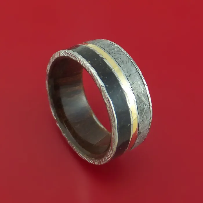 Lashbrook Rings Kuro Damascus Steel Ring with Dinosaur Bone Gibeon Meteorite and 14k Yellow Gold Inlays and Interior Hardwood Sleeve Custom Made Band Lashbrook Rings Kuro Damascus Steel Ring with Dinosaur Bone Gibeon Meteorite and 14k Yellow Gold Inlays and Interior Hardwood Sleeve Custom Made Band