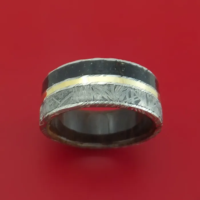 Lashbrook Rings Kuro Damascus Steel Ring with Dinosaur Bone Gibeon Meteorite and 14k Yellow Gold Inlays and Interior Hardwood Sleeve Custom Made Band Lashbrook Rings Kuro Damascus Steel Ring with Dinosaur Bone Gibeon Meteorite and 14k Yellow Gold Inlays and Interior Hardwood Sleeve Custom Made Band