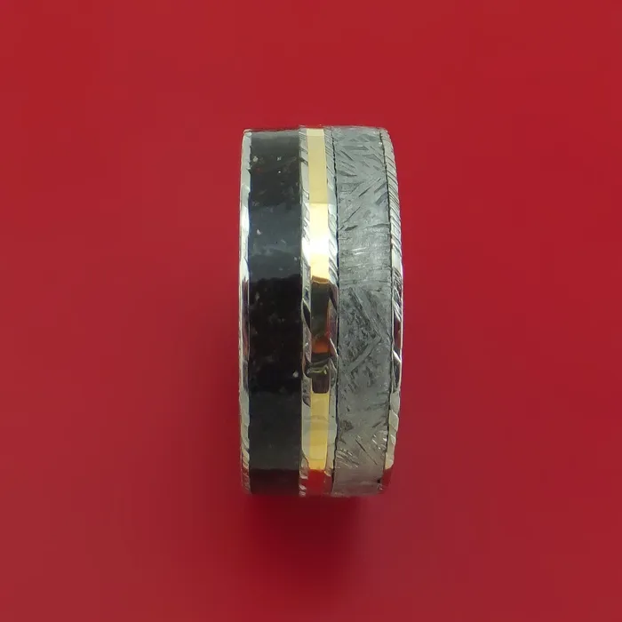 Lashbrook Rings Kuro Damascus Steel Ring with Dinosaur Bone Gibeon Meteorite and 14k Yellow Gold Inlays and Interior Hardwood Sleeve Custom Made Band Lashbrook Rings Kuro Damascus Steel Ring with Dinosaur Bone Gibeon Meteorite and 14k Yellow Gold Inlays and Interior Hardwood Sleeve Custom Made Band