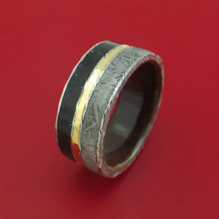 Lashbrook Rings Kuro Damascus Steel Ring with Dinosaur Bone Gibeon Meteorite and 14k Yellow Gold Inlays and Interior Hardwood Sleeve Custom Made Band Lashbrook Rings Kuro Damascus Steel Ring with Dinosaur Bone Gibeon Meteorite and 14k Yellow Gold Inlays and Interior Hardwood Sleeve Custom Made Band