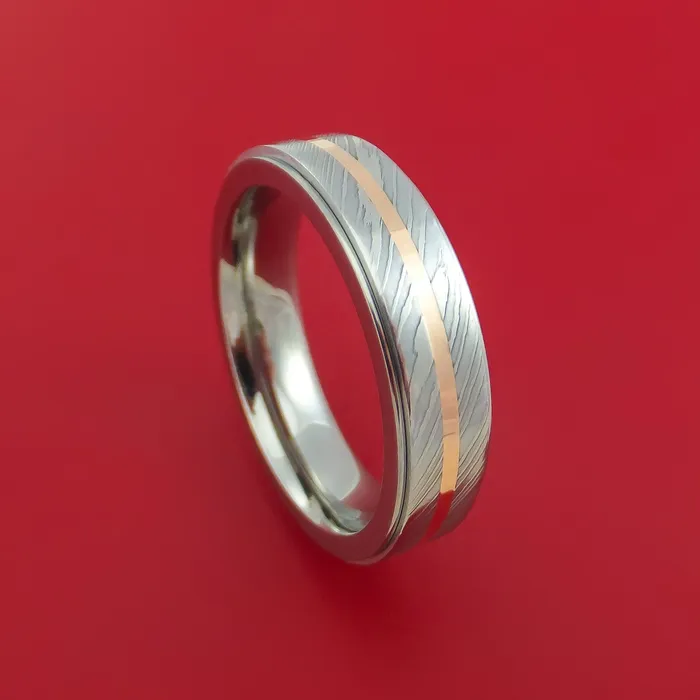 Lashbrook Titanium Spinner Ring with Damascus Steel and 14k Rose Gold Inlays Custom Made Band Rings Lashbrook Titanium Spinner Ring with Damascus Steel and 14k Rose Gold Inlays Custom Made Band Rings
