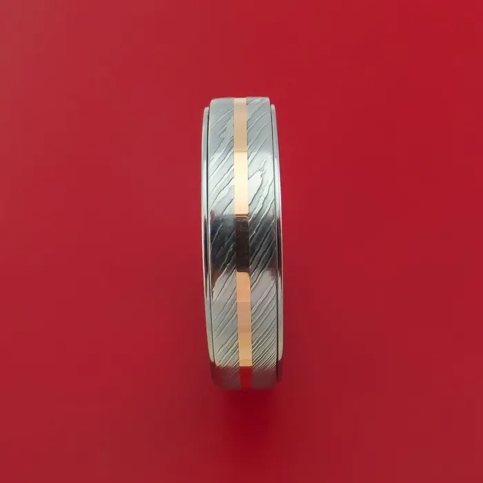 Lashbrook Titanium Spinner Ring with Damascus Steel and 14k Rose Gold Inlays Custom Made Band Rings Lashbrook Titanium Spinner Ring with Damascus Steel and 14k Rose Gold Inlays Custom Made Band Rings