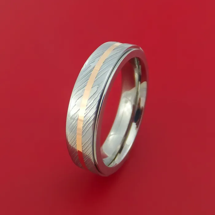Lashbrook Titanium Spinner Ring with Damascus Steel and 14k Rose Gold Inlays Custom Made Band Rings Lashbrook Titanium Spinner Ring with Damascus Steel and 14k Rose Gold Inlays Custom Made Band Rings
