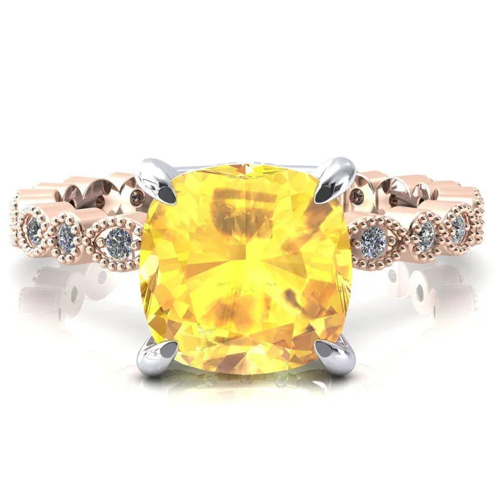 Lizette Cushion Yellow Sapphire 4 Claw Prong 34 Eternity Milgrain Diamond Shank Engagement Ring Fire Brilliance Rings