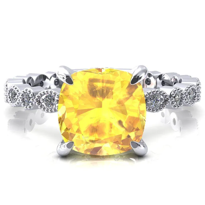 Lizette Cushion Yellow Sapphire 4 Claw Prong 34 Eternity Milgrain Diamond Shank Engagement Ring Fire Brilliance Rings