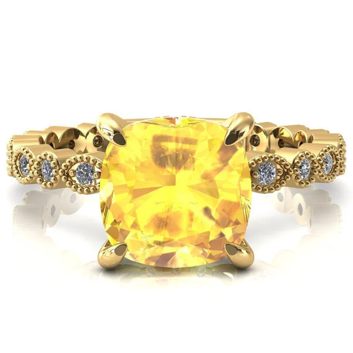 Lizette Cushion Yellow Sapphire 4 Claw Prong 34 Eternity Milgrain Diamond Shank Engagement Ring Fire Brilliance Rings