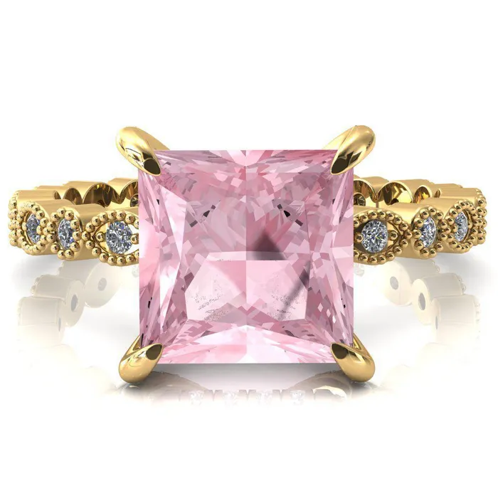 Lizette Princess Pink Sapphire 4 Claw Prong 34 Eternity Milgrain Diamond Shank Engagement Ring Fire Brilliance Rings Lizette Princess Pink Sapphire 4 Claw Prong 34 Eternity Milgrain Diamond Shank Engagement Ring Fire Brilliance Rings