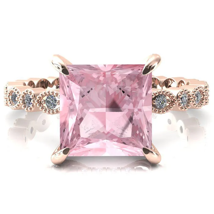 Lizette Princess Pink Sapphire 4 Claw Prong 34 Eternity Milgrain Diamond Shank Engagement Ring Fire Brilliance Rings