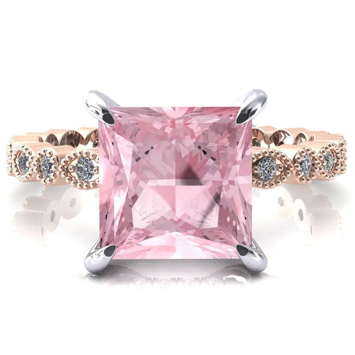 Lizette Princess Pink Sapphire 4 Claw Prong 34 Eternity Milgrain Diamond Shank Engagement Ring Fire Brilliance Rings