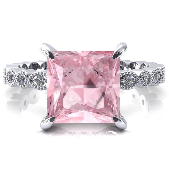 Lizette Princess Pink Sapphire 4 Claw Prong 34 Eternity Milgrain Diamond Shank Engagement Ring Fire Brilliance Rings