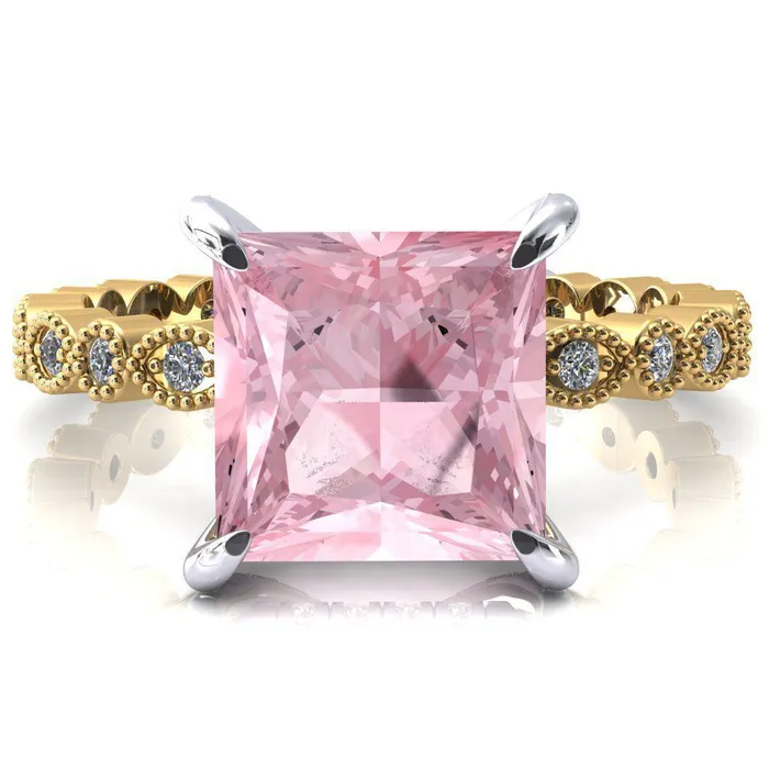 Lizette Princess Pink Sapphire 4 Claw Prong 34 Eternity Milgrain Diamond Shank Engagement Ring Fire Brilliance Rings