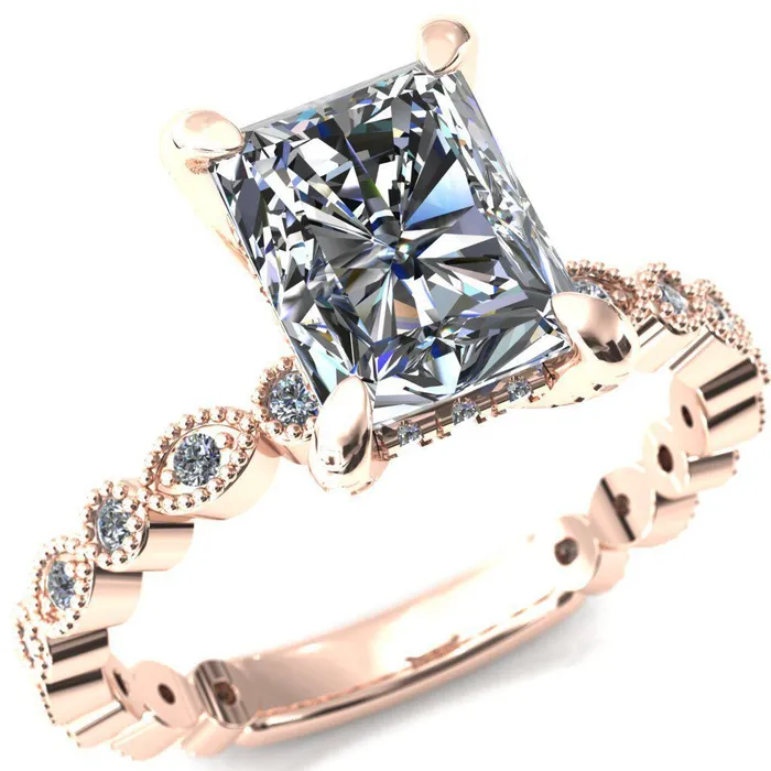 Lizette Radiant Moissanite 4 Claw Prong 34 Eternity Milgrain Diamond Shank Engagement Ring Fire Brilliance Rings