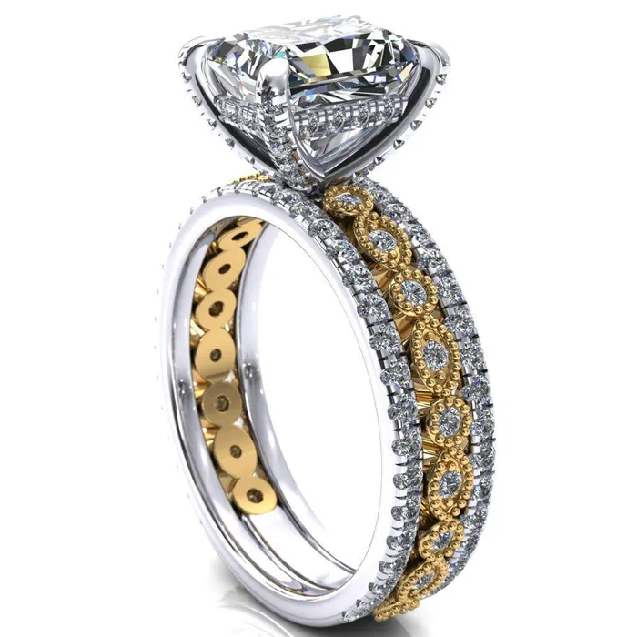 Lizette Radiant Moissanite 4 Claw Prong 34 Eternity Milgrain Diamond Shank Engagement Ring Fire Brilliance Rings
