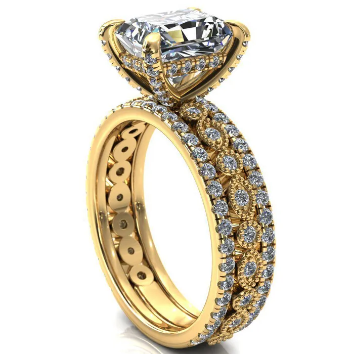 Lizette Radiant Moissanite 4 Claw Prong 34 Eternity Milgrain Diamond Shank Engagement Ring Fire Brilliance Rings