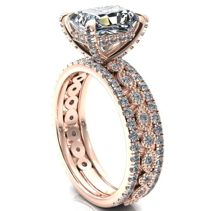 Lizette Radiant Moissanite 4 Claw Prong 34 Eternity Milgrain Diamond Shank Engagement Ring Fire Brilliance Rings