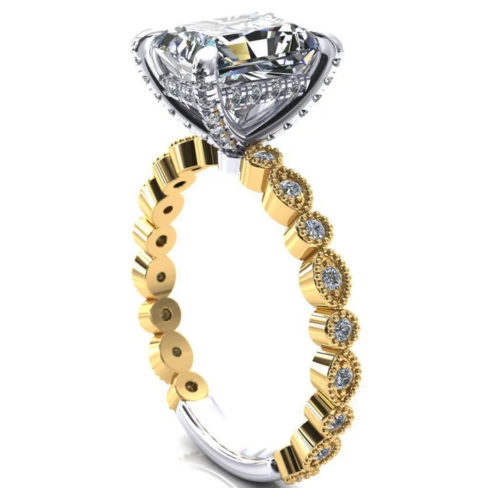 Lizette Radiant Moissanite 4 Claw Prong 34 Eternity Milgrain Diamond Shank Engagement Ring Fire Brilliance Rings