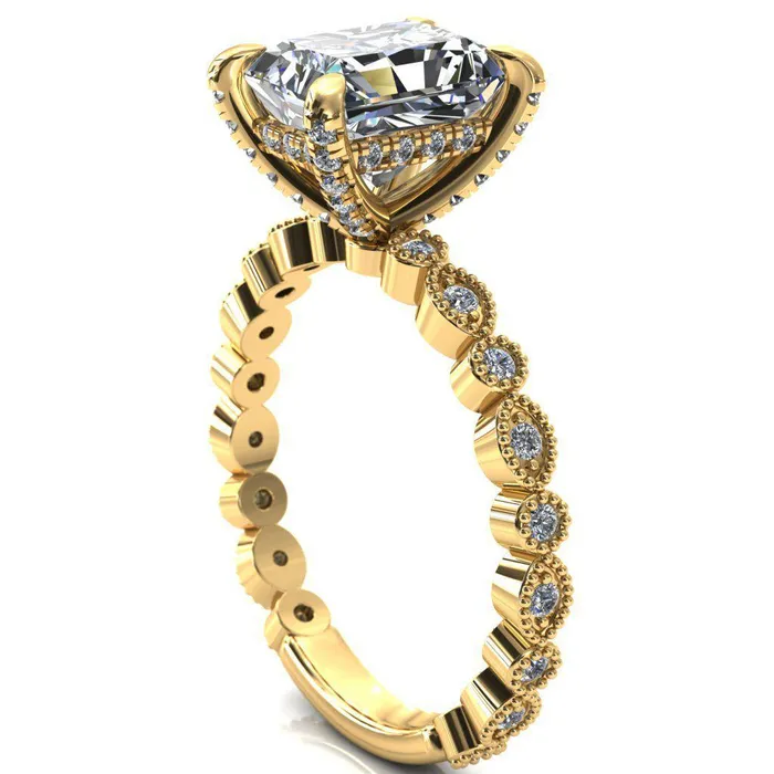 Lizette Radiant Moissanite 4 Claw Prong 34 Eternity Milgrain Diamond Shank Engagement Ring Fire Brilliance Rings