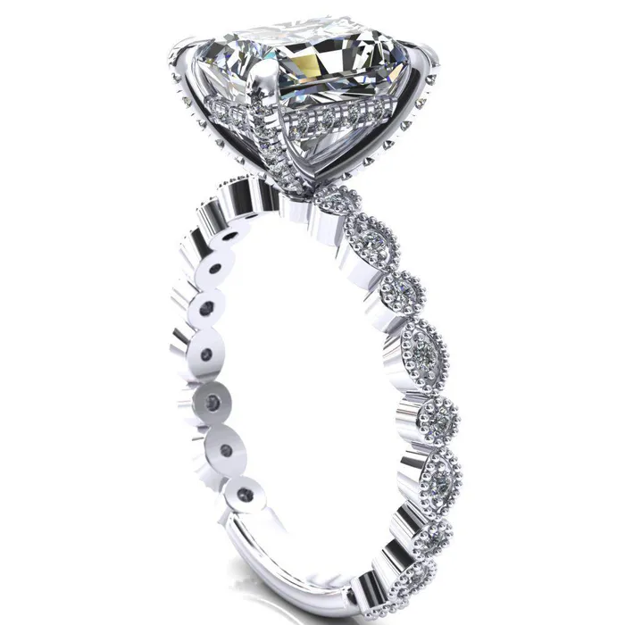 Lizette Radiant Moissanite 4 Claw Prong 34 Eternity Milgrain Diamond Shank Engagement Ring Fire Brilliance Rings