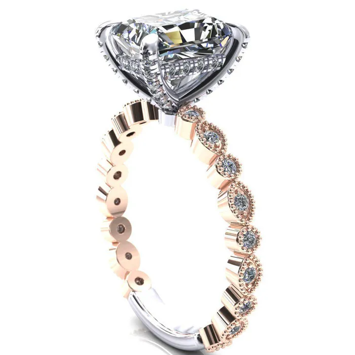 Lizette Radiant Moissanite 4 Claw Prong 34 Eternity Milgrain Diamond Shank Engagement Ring Fire Brilliance Rings