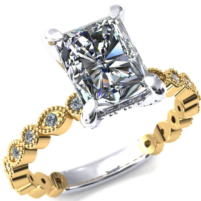 Lizette Radiant Moissanite 4 Claw Prong 34 Eternity Milgrain Diamond Shank Engagement Ring Fire Brilliance Rings