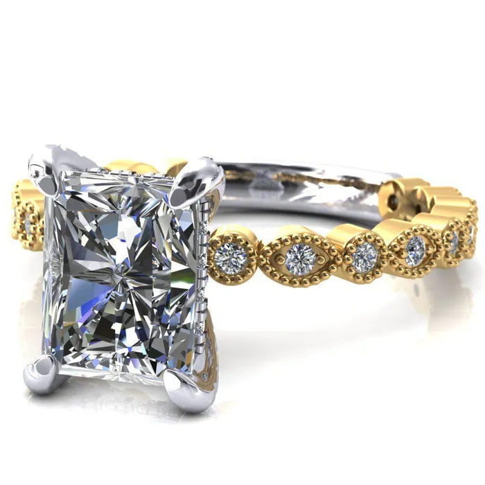 Lizette Radiant Moissanite 4 Claw Prong 34 Eternity Milgrain Diamond Shank Engagement Ring Fire Brilliance Rings