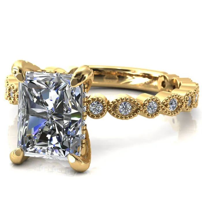 Lizette Radiant Moissanite 4 Claw Prong 34 Eternity Milgrain Diamond Shank Engagement Ring Fire Brilliance Rings