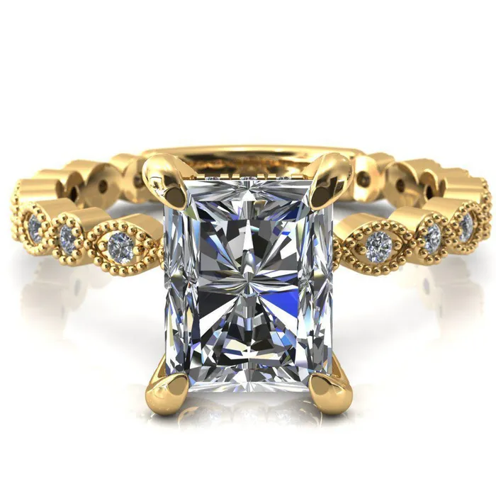 Lizette Radiant Moissanite 4 Claw Prong 34 Eternity Milgrain Diamond Shank Engagement Ring Fire Brilliance Rings