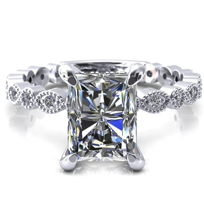 Lizette Radiant Moissanite 4 Claw Prong 34 Eternity Milgrain Diamond Shank Engagement Ring Fire Brilliance Rings