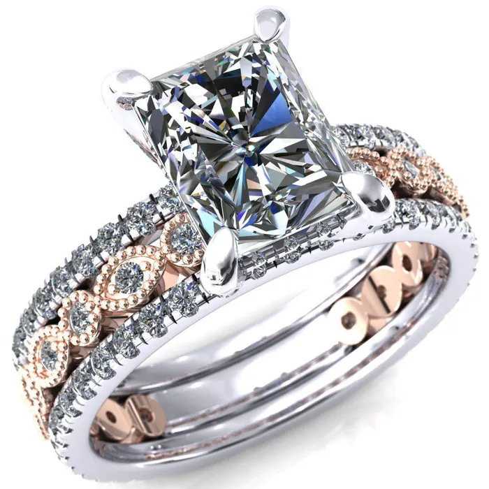 Lizette Radiant Moissanite 4 Claw Prong 34 Eternity Milgrain Diamond Shank Engagement Ring Fire Brilliance Rings