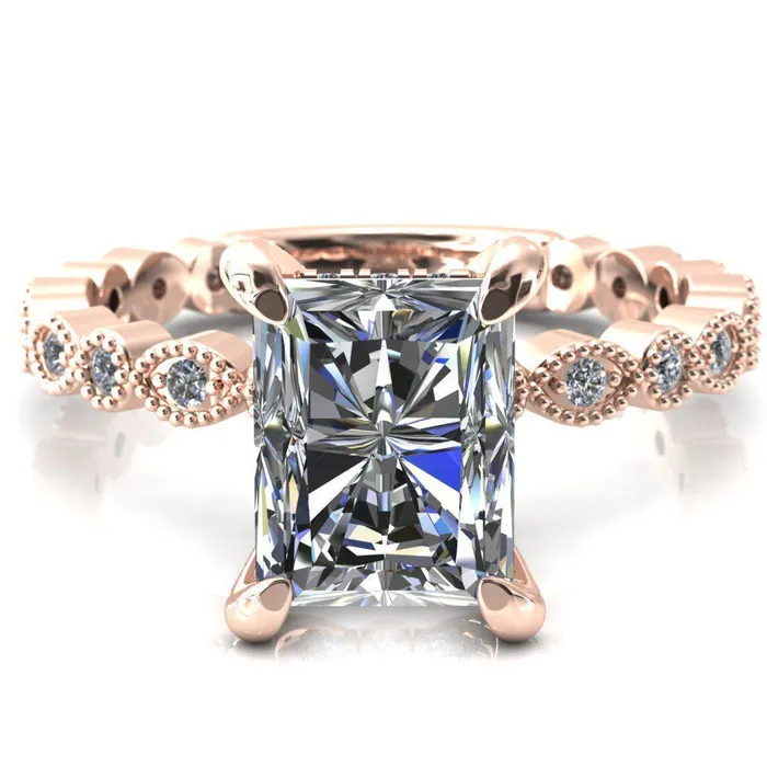 Lizette Radiant Moissanite 4 Claw Prong 34 Eternity Milgrain Diamond Shank Engagement Ring Fire Brilliance Rings