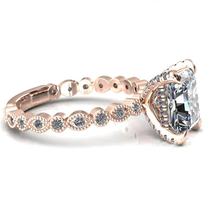 Lizette Radiant Moissanite 4 Claw Prong 34 Eternity Milgrain Diamond Shank Engagement Ring Fire Brilliance Rings