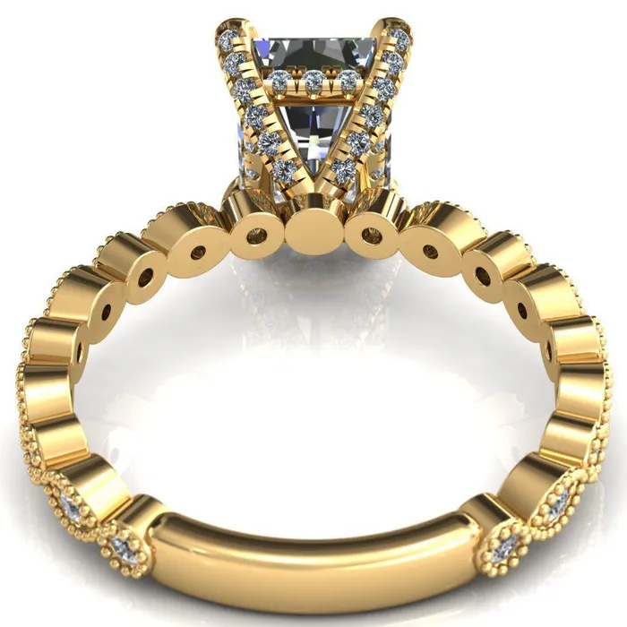 Lizette Radiant Moissanite 4 Claw Prong 34 Eternity Milgrain Diamond Shank Engagement Ring Fire Brilliance Rings