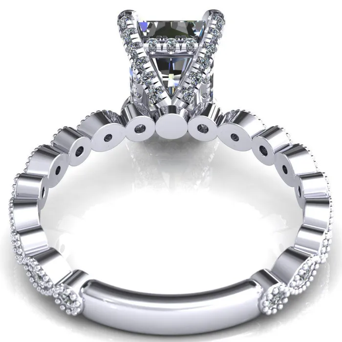 Lizette Radiant Moissanite 4 Claw Prong 34 Eternity Milgrain Diamond Shank Engagement Ring Fire Brilliance Rings