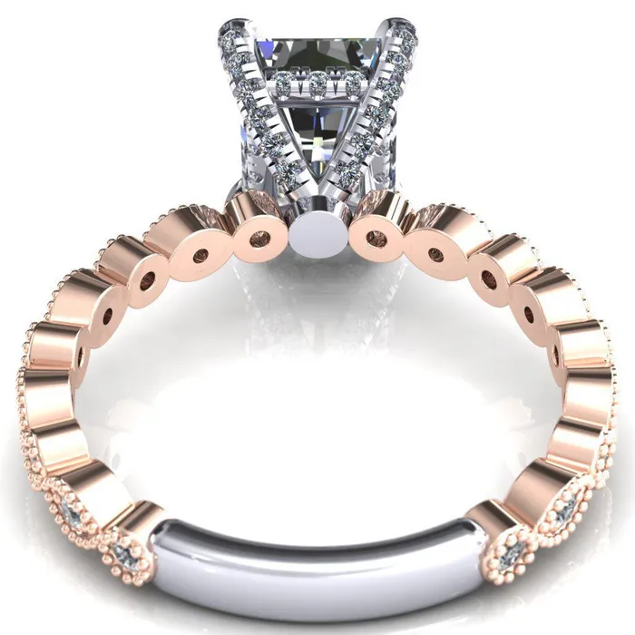 Lizette Radiant Moissanite 4 Claw Prong 34 Eternity Milgrain Diamond Shank Engagement Ring Fire Brilliance Rings