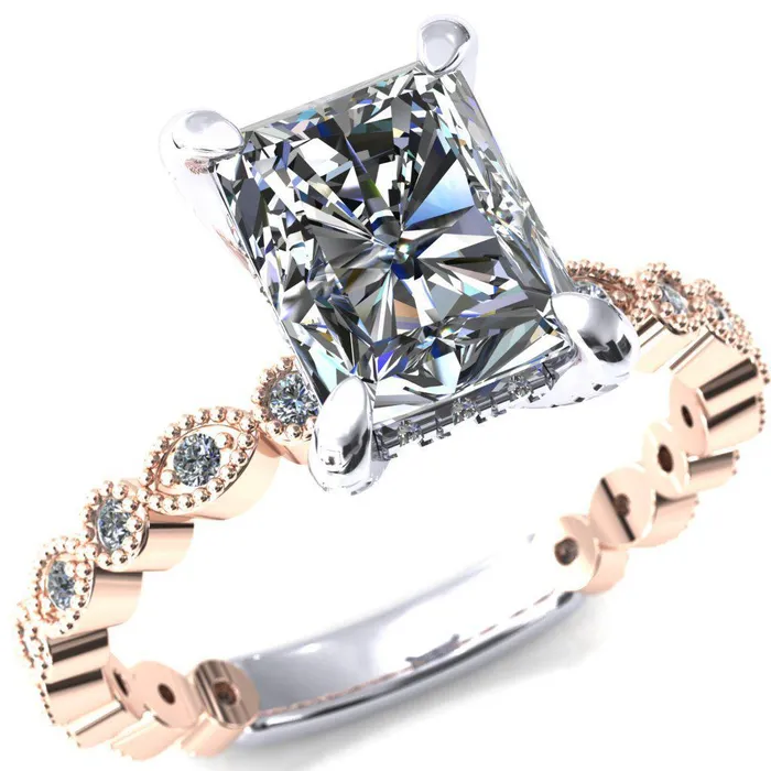 Lizette Radiant Moissanite 4 Claw Prong 34 Eternity Milgrain Diamond Shank Engagement Ring Fire Brilliance Rings