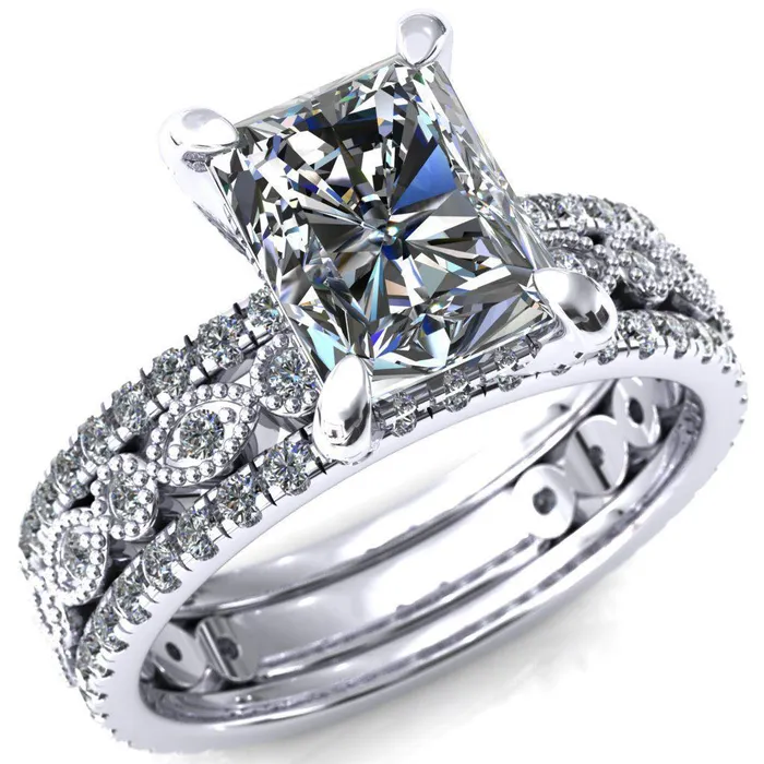 Lizette Radiant Moissanite 4 Claw Prong 34 Eternity Milgrain Diamond Shank Engagement Ring Fire Brilliance Rings