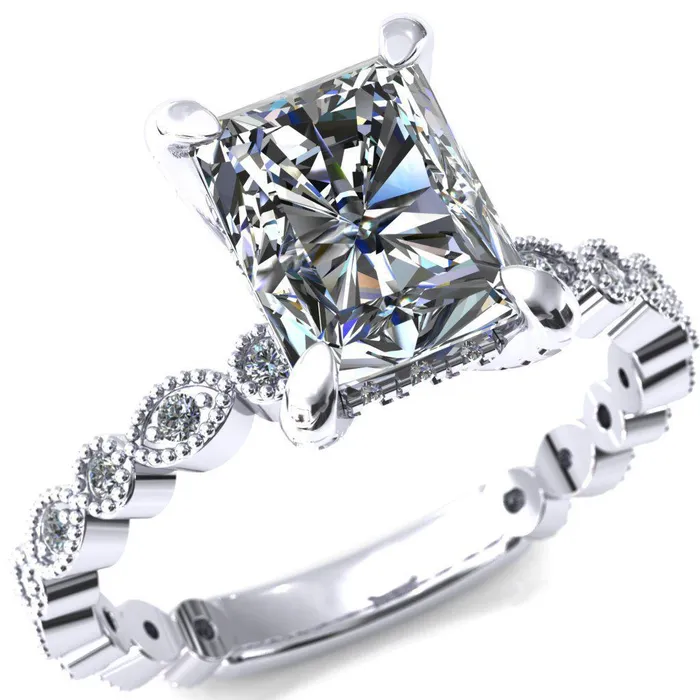 Lizette Radiant Moissanite 4 Claw Prong 34 Eternity Milgrain Diamond Shank Engagement Ring Fire Brilliance Rings