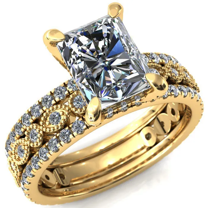 Lizette Radiant Moissanite 4 Claw Prong 34 Eternity Milgrain Diamond Shank Engagement Ring Fire Brilliance Rings