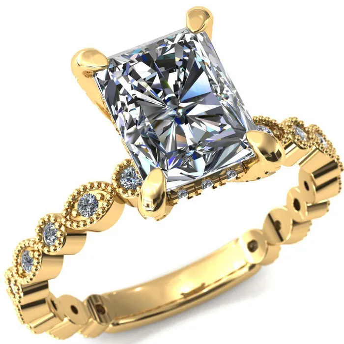 Lizette Radiant Moissanite 4 Claw Prong 34 Eternity Milgrain Diamond Shank Engagement Ring Fire Brilliance Rings