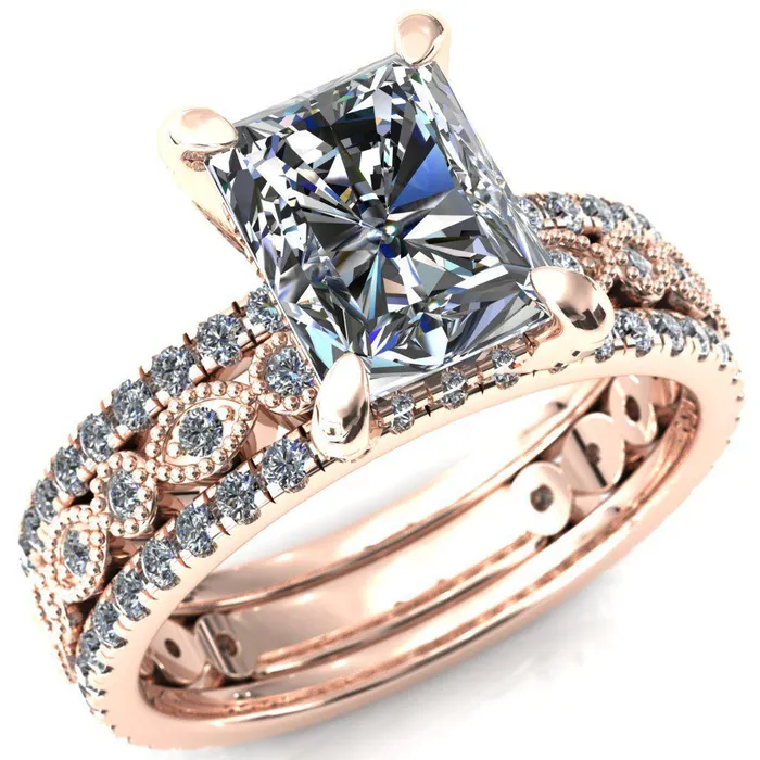 Lizette Radiant Moissanite 4 Claw Prong 34 Eternity Milgrain Diamond Shank Engagement Ring Fire Brilliance Rings