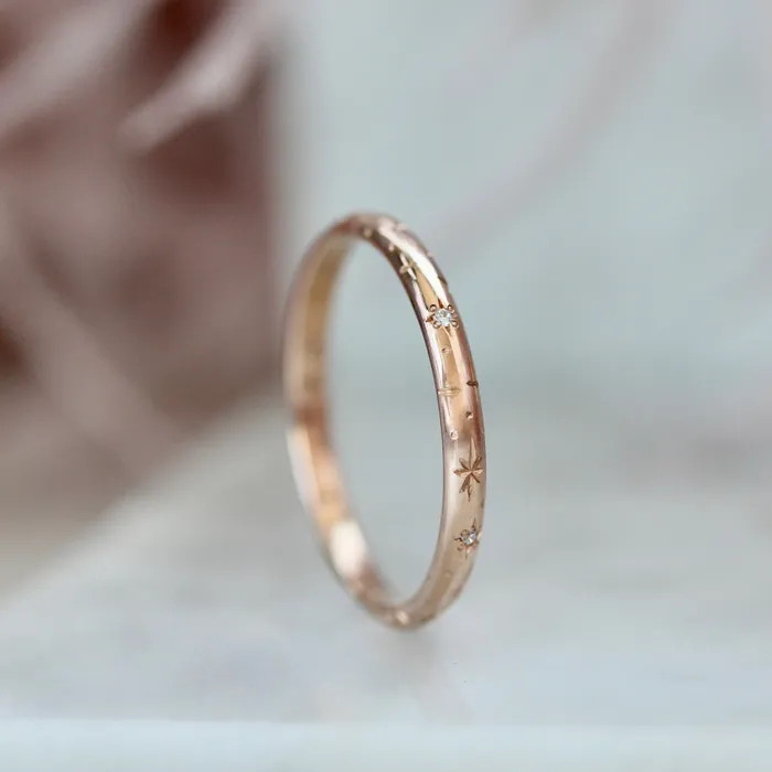 Made By Gem Breakfast Celeste Minor Star Engraved Diamond Gold Band Rings