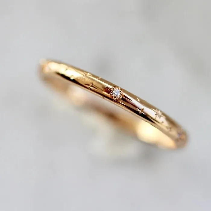 Made By Gem Breakfast Celeste Minor Star Engraved Diamond Gold Band Rings