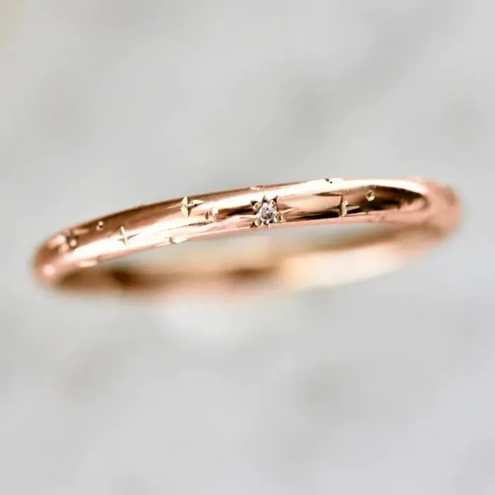Made By Gem Breakfast Celeste Minor Star Engraved Diamond Gold Band Rings