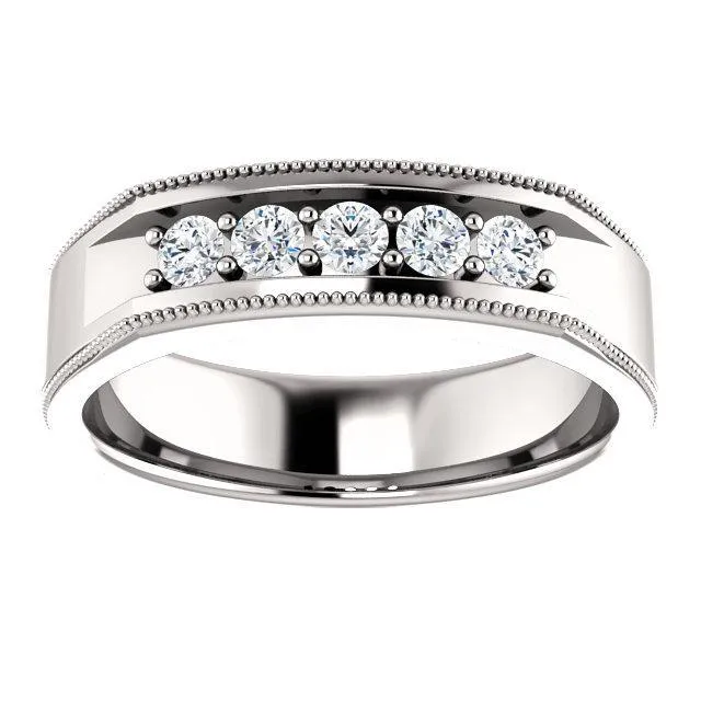 Matthew Round Double Bead Set Milgrain Channel Walls Mens Band Fire Brilliance Rings