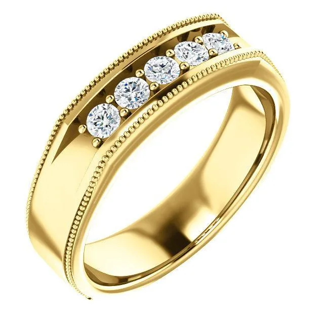 Matthew Round Double Bead Set Milgrain Channel Walls Mens Band Fire Brilliance Rings