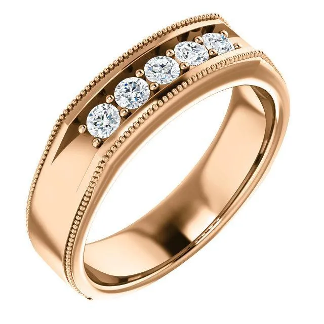Matthew Round Double Bead Set Milgrain Channel Walls Mens Band Fire Brilliance Rings