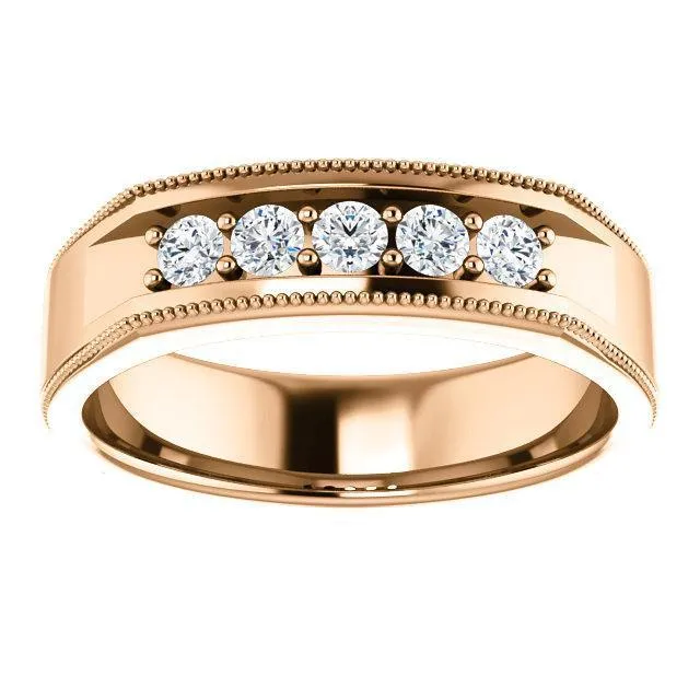 Matthew Round Double Bead Set Milgrain Channel Walls Mens Band Fire Brilliance Rings