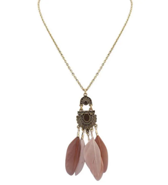 N1537 Gold Mauve Feather Tassel Necklace with FREE Earrings 02 Necklaces